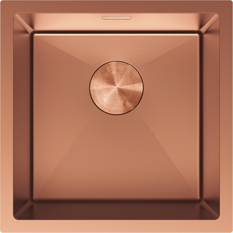 Kjøkkenvask i stål Mexen Trixo 440 x 440 mm i børstet kobber, sett ovenfra med rund sil.