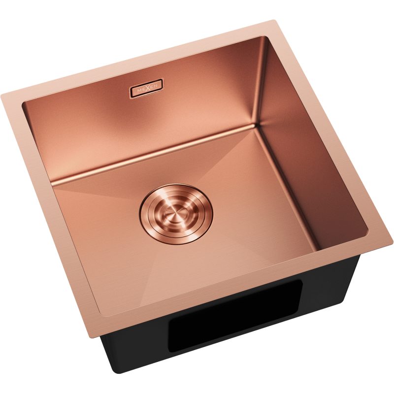 Kjøkkenvask Rustfritt Stål Mexen Trixo 440 x 440 mm i kobber, sett ovenfra med dreneringslokk.