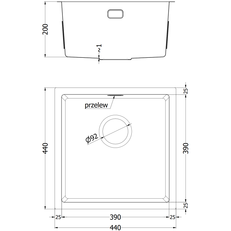 Kjøkkenvask i stål teknisk tegning med mål 440 x 440 mm, sett fra toppen og siden, Mexen Trixo.