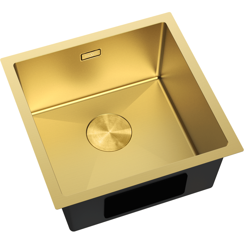Stål Kjøkkenvask Mexen Trixo gull 440 x 440 mm, sett ovenfra med synlig slukdeksel og rette kanter.