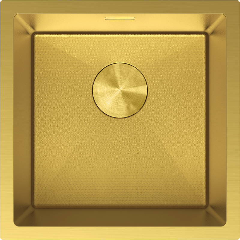 Kjøkkenvask i stål 440 x 440 mm i gull med sekskantmønstret bunn og rundt avløpsdeksel, sett ovenfra.