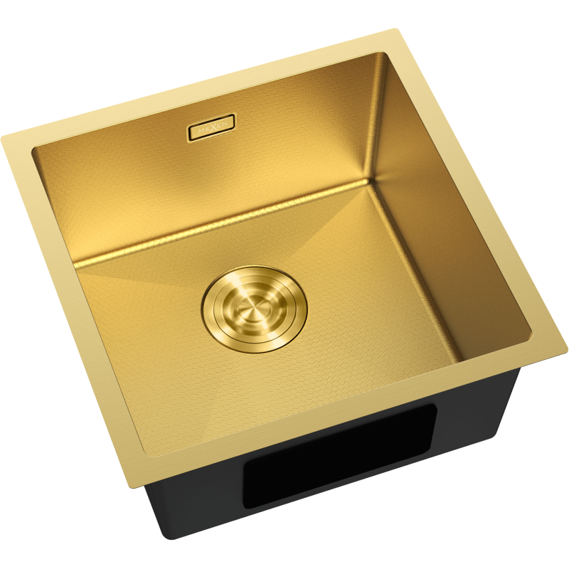 Kjøkkenvask Rustfritt Stål Mexen Trixo 440 x 440 mm i gull med rillemønstret bunn og dekorativt avløpslokk.