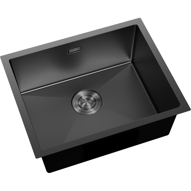 Kjøkkenvask Rustfritt Stål Mexen Trixo svart 540 x 440 mm, sett ovenfra med avrundet avløp.