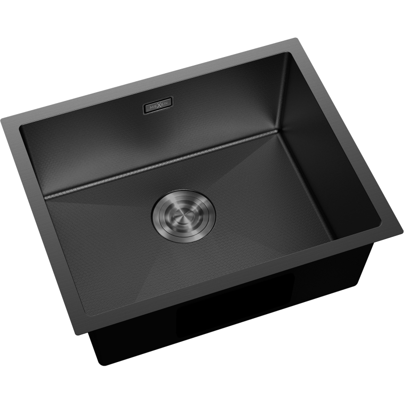Kjøkkenvask Rustfritt Stål svart Mexen Trixo med avrundede hjørner og synlig metallrist.