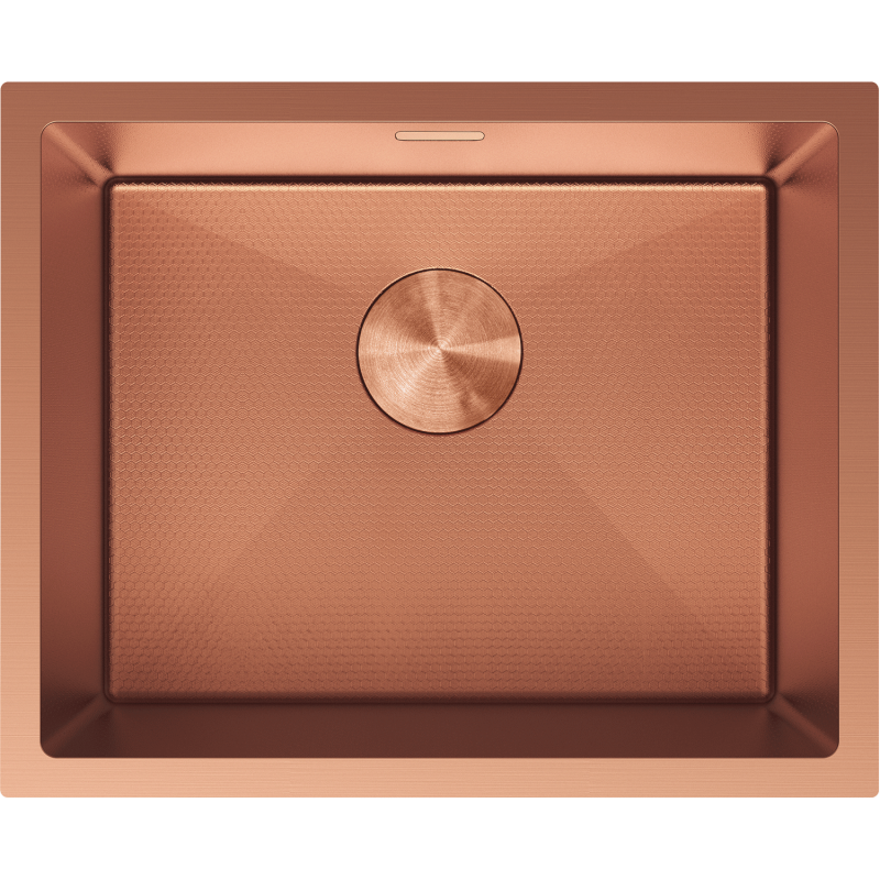 Kjøkkenvask i stål 540 x 440 mm i børstet kobber med én kum, sett ovenfra med rund avløpsdeksel.