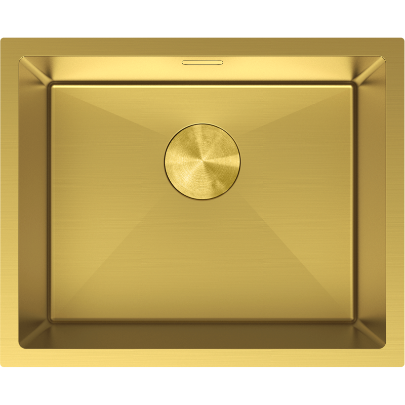 Kjøkkenvask i stål Mexen Trixo gull 540 x 440 mm sett ovenfra med rund avløpsrist.