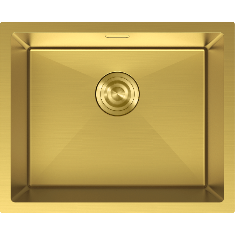 Stålvask Mexen Trixo i gull, rektangulær med avrundede hjørner og sentralt sluk, sett ovenfra.