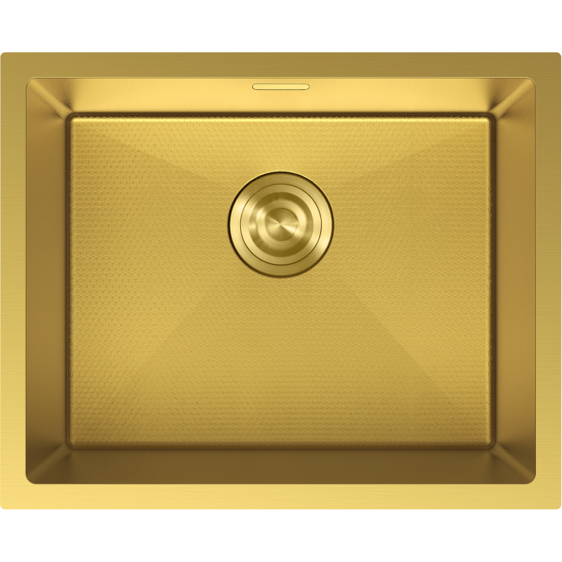 Stålvask Mexen Trixo i gull, rektangulær med sentrert avløp og sekskantmønster sett ovenfra.