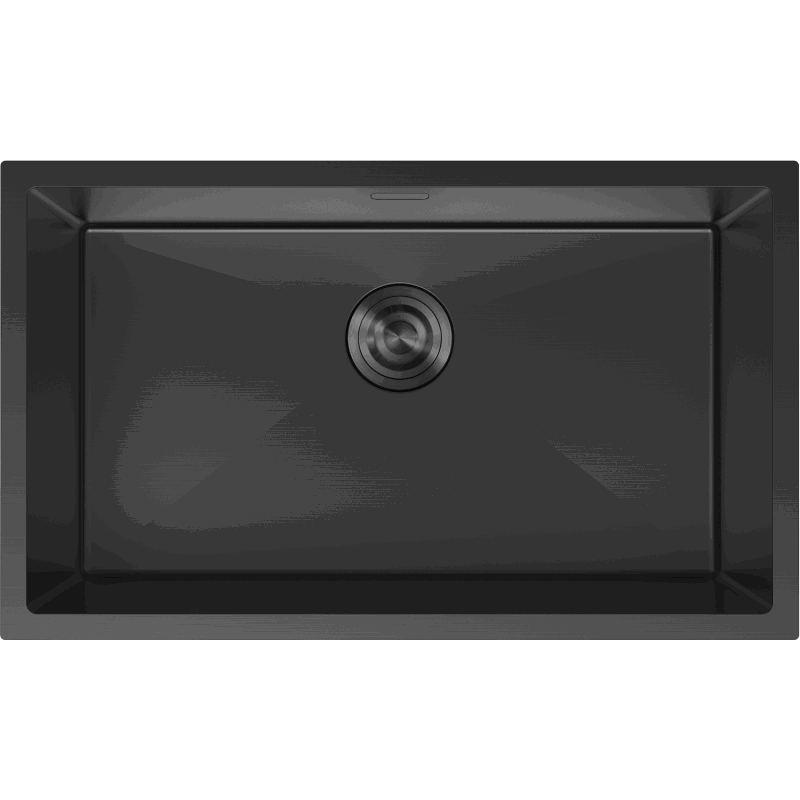 Stålvask Mexen Trixo 750 x 440 mm i matt svart med enkel kum og sentrert rund avløp, sett ovenfra.