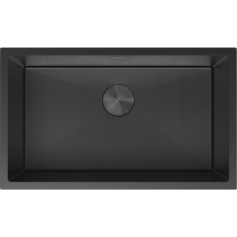 Kjøkkenvask i stål svart Mexen Trixo 750 x 440 mm, sett ovenfra med avrundet avløp.