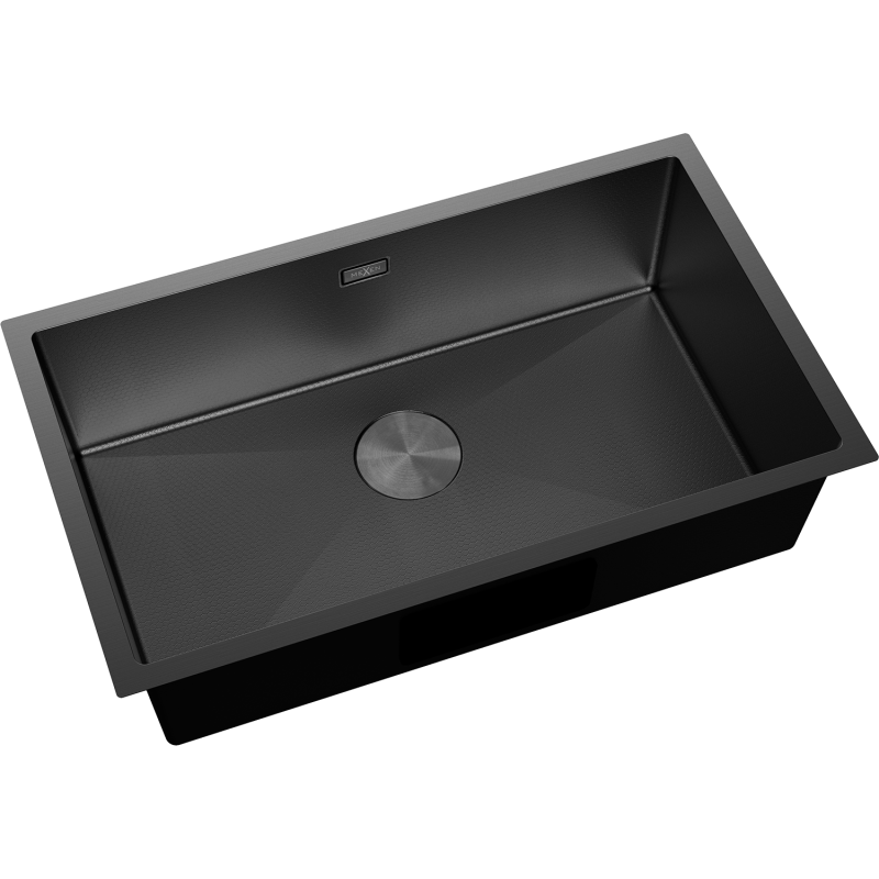 Stål Kjøkkenvask Mexen Trixo svart, rektangulær, matt finish, sett skrått ovenfra med sentrert avløp.