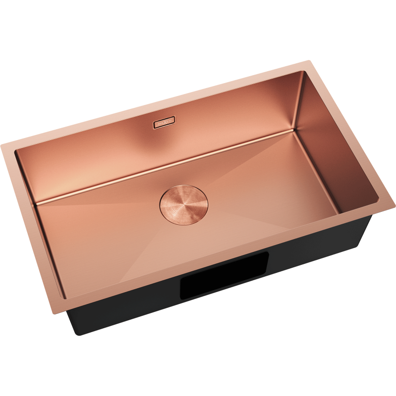 Stål Kjøkkenvask Mexen Trixo i børstet kobber med enkel kum, sett skrått ovenfra.