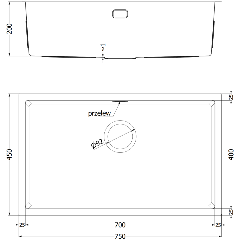 Kjøkkenvask i stål teknisk tegning med mål for Mexen Trixo 750 x 440 mm, sett fra siden og ovenfra.