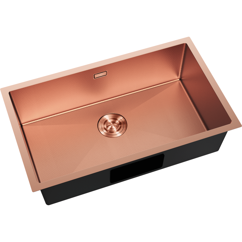 Kjøkkenvask Rustfritt Stål Mexen Trixo i kobber, rektangulær med synlig bunnventil og strukturert overflate.