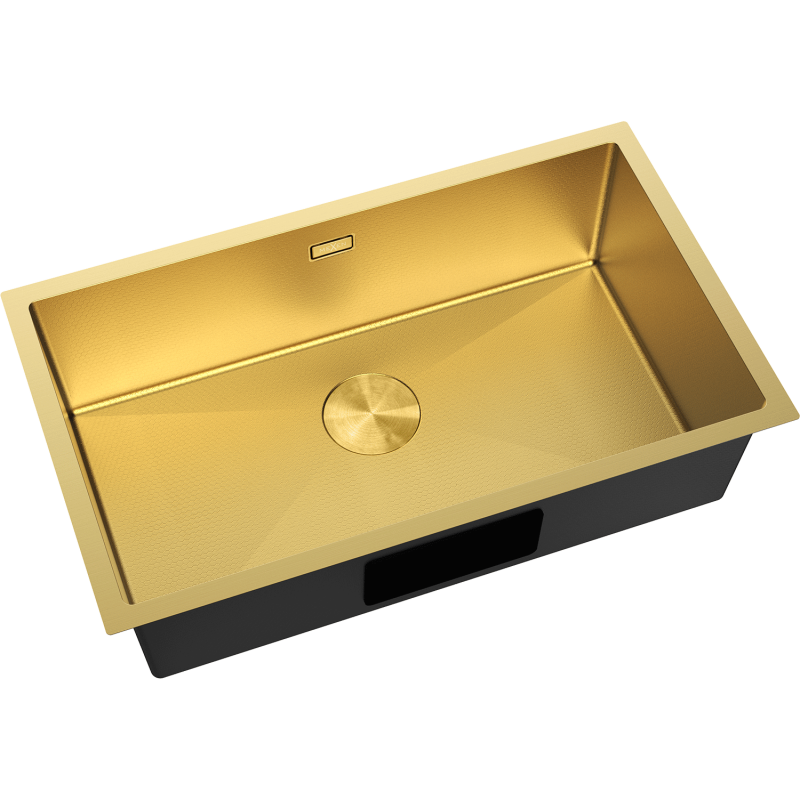 Stål Kjøkkenvask Mexen Trixo i gull, rektangulær, sett ovenfra med slukdeksel og børstet overflate.
