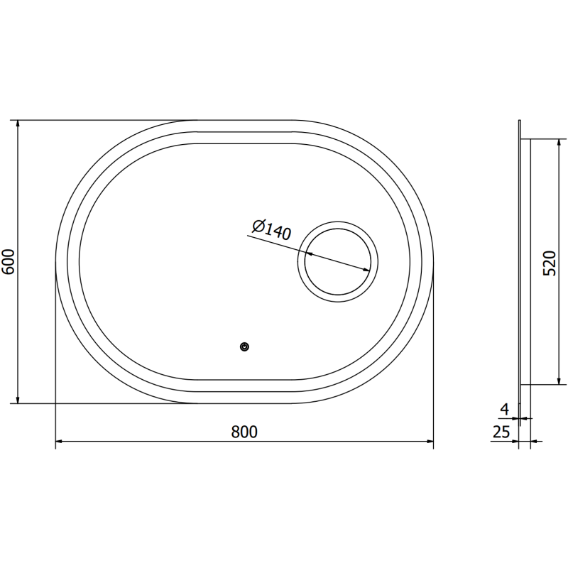 Speil med lys teknisk strekningstegning av oval servant sett ovenfra og fra siden med mål og avløpsplassering.