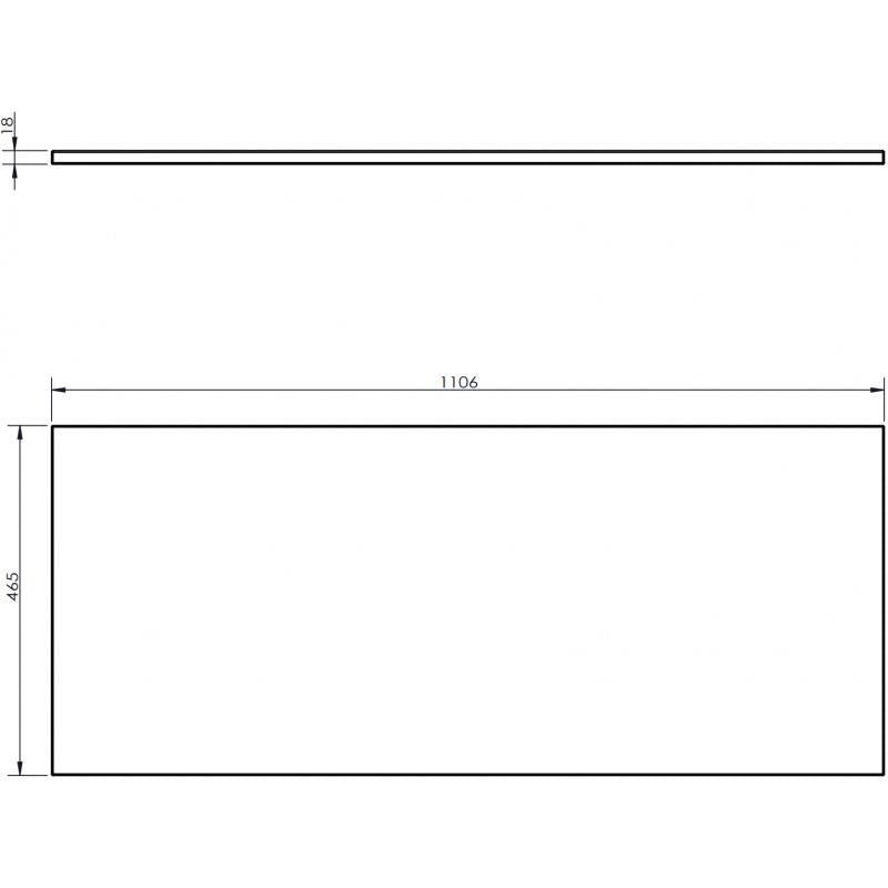 Baderomsbenk teknisk tegning av Mexen Uni 110 cm i eik med mål og detaljer fra siden og ovenfra.
