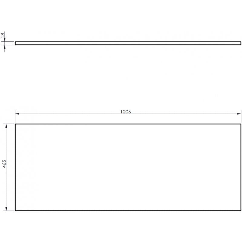 Baderomsbenk Mexen Uni 120 cm svart matt teknisk tegning med mål 1206x465x18 mm.