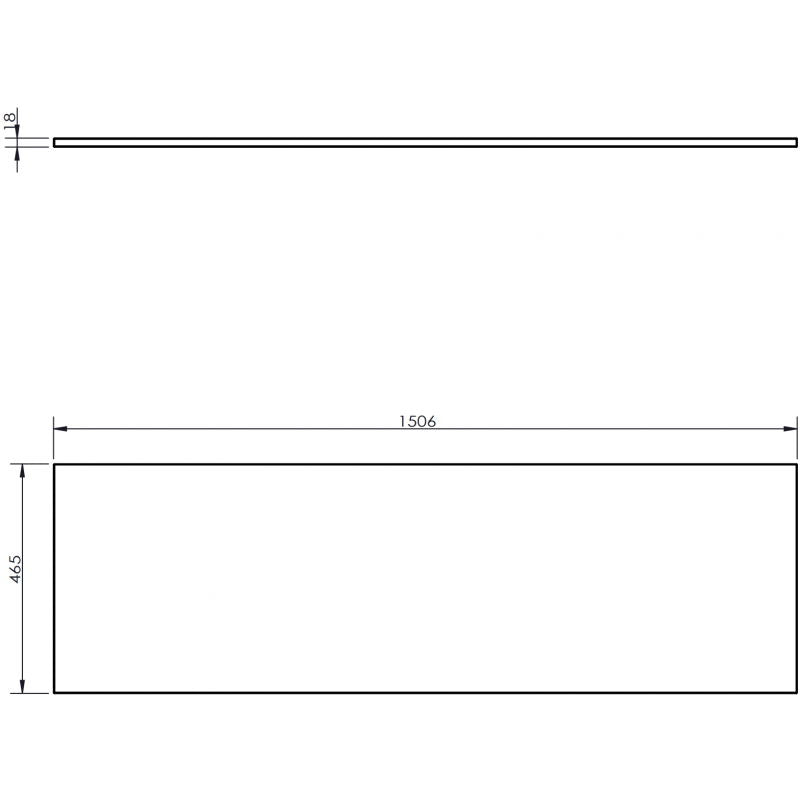 Baderomsbenk Mexen Uni 150 cm teknisk tegning med mål fra siden og forfra.