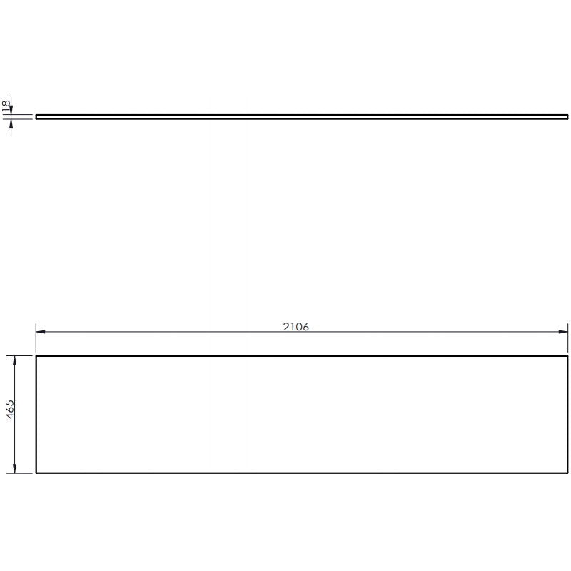 Baderomsbenk Mexen Uni 210 cm i hvit matt, teknisk tegning med mål og panel sett forfra og fra siden.