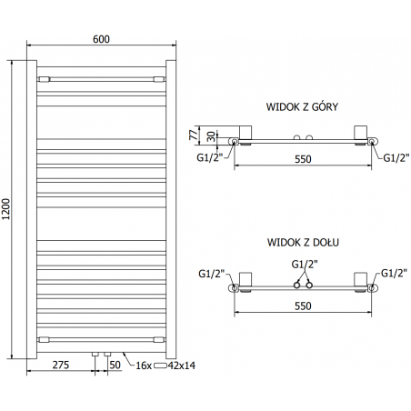 Håndkletørker Uran 1200 x 600 mm, 600 W, Sort