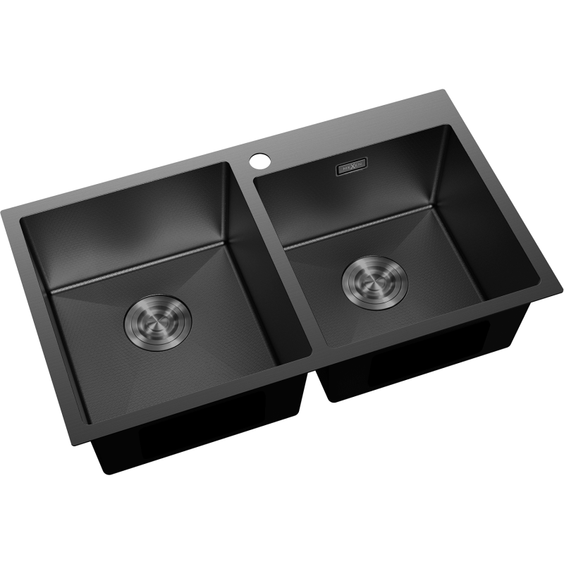 Kjøkkenvask Rustfritt Stål dobbelt svart Mexen Xorin 780x450 mm sett skrått ovenfra med to kummer.