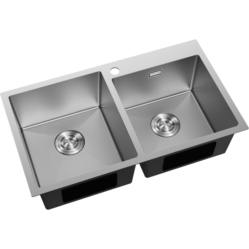 Kjøkkenvask Rustfritt Stål dobbel rektangulær Mexen Xorin sett ovenfra med synlige avløpssiler.