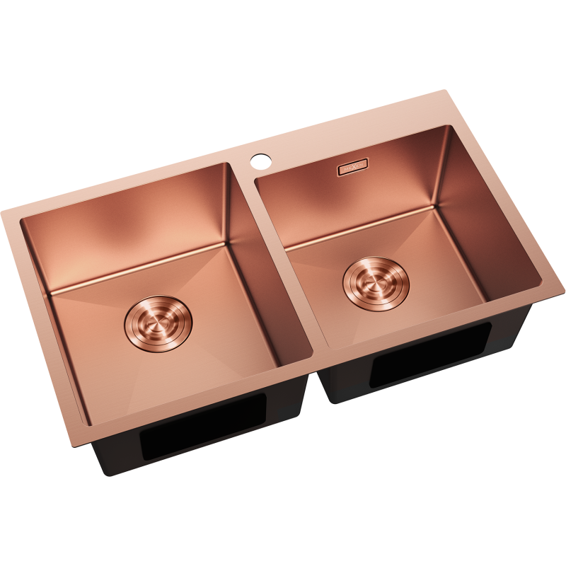 Kjøkkenvask Rustfritt Stål Mexen Xorin dobbelvask i kobber, sett skrått ovenfra med moderne design.