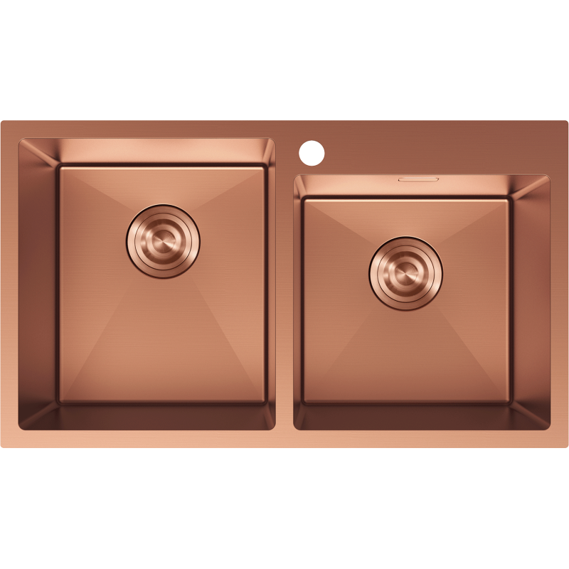 Stålvask Mexen Xorin dobbel, firkantet i børstet kobber, sett ovenfra med sentrerte avløp.
