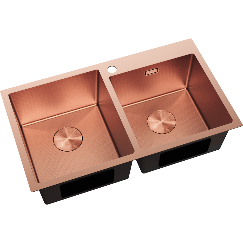 Stål Kjøkkenvask Mexen Xorin i børstet kobber, dobbel kum, sett skrått ovenfra med avrundet avløpslokk.