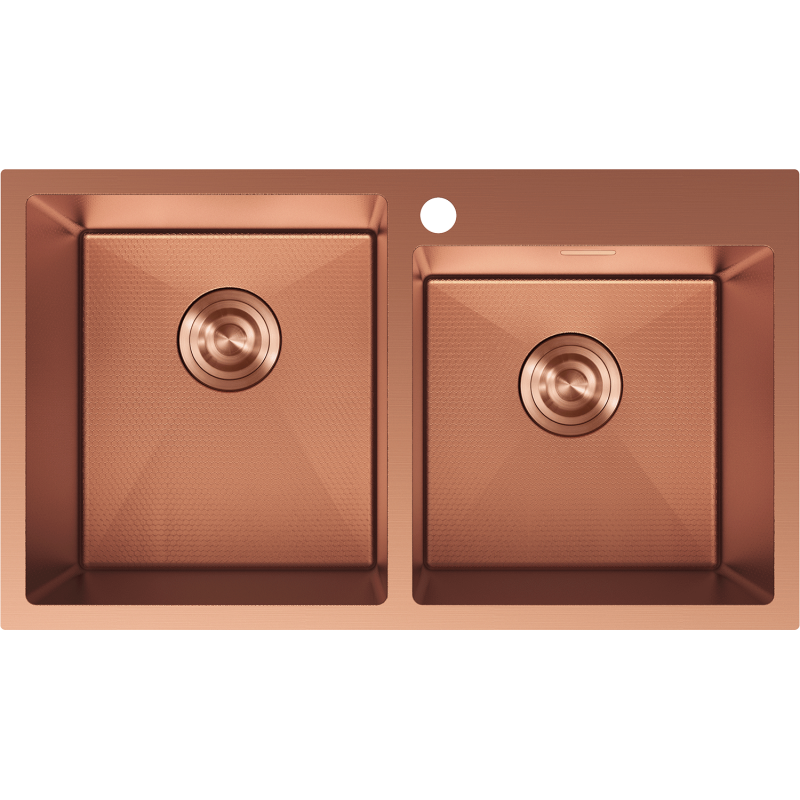 Stålvask Mexen Xorin dobbel kjøkkenvask i kobber, sett ovenfra med firkantede kummer.
