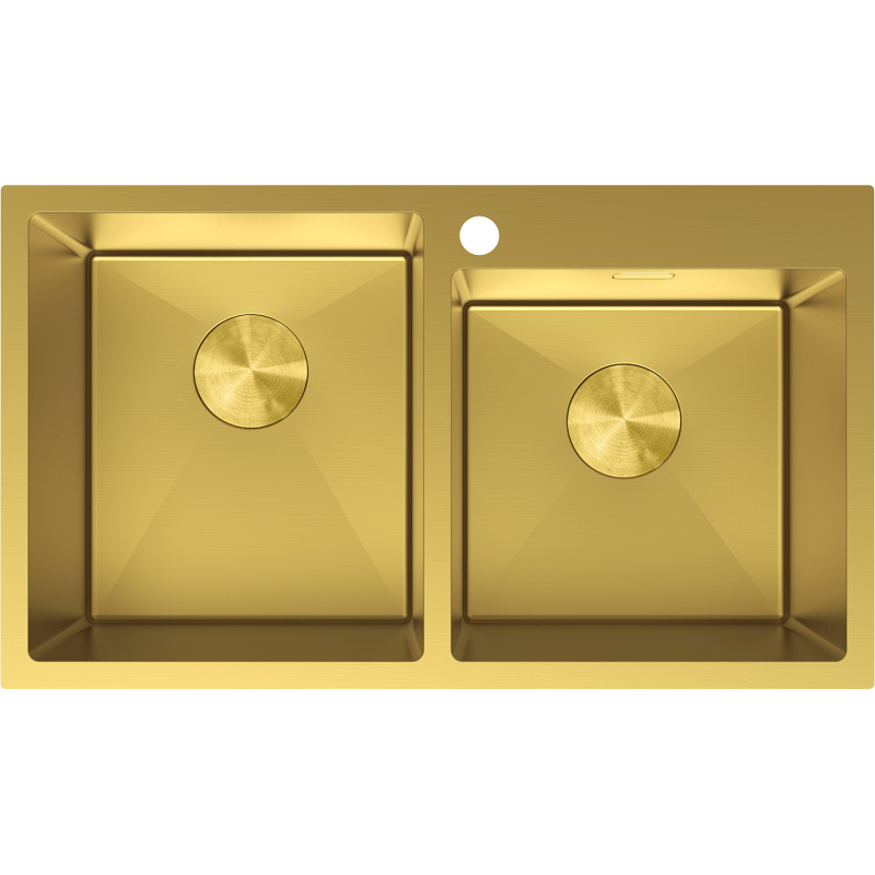 Kjøkkenvask i stål Mexen Xorin 780x450 mm i gull med to kummer og sirkulære bunnventiler.