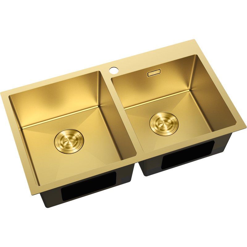 Kjøkkenvask Rustfritt Stål Mexen Xorin dobbel kum i børstet gull, sett skrått ovenfra med avrundede kanter.