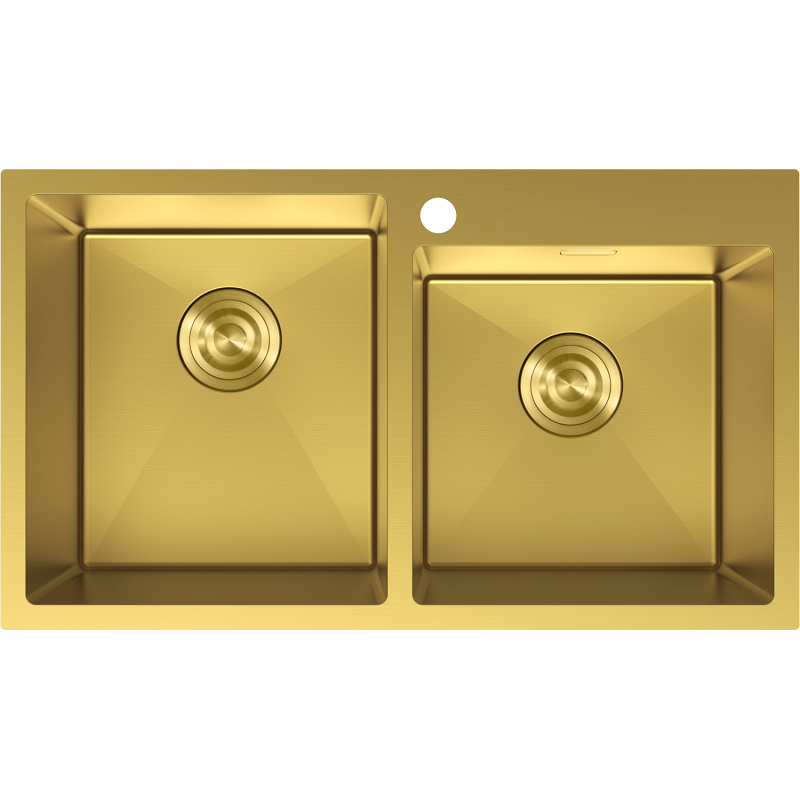Stålvask Mexen Xorin i gull, dobbel kum med avrundede hjørner og runde avløp, sett ovenfra.
