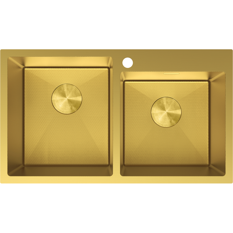 Kjøkkenvask i stål 780 x 450 mm i gull, dobbel kum med runde avløpsdeksler, sett ovenfra.