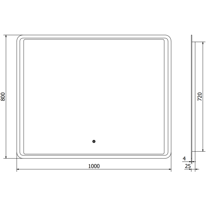 Speil med lys teknisk tegning av rektangulært LED-speil 100x80 cm med mål og dimensjoner vist.