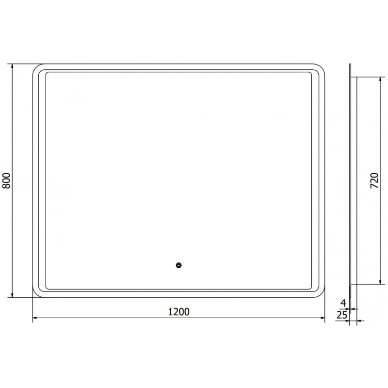 Speil med lys teknisk tegning av rektangulært LED-speil 120 x 80 cm med mål og markert hull.