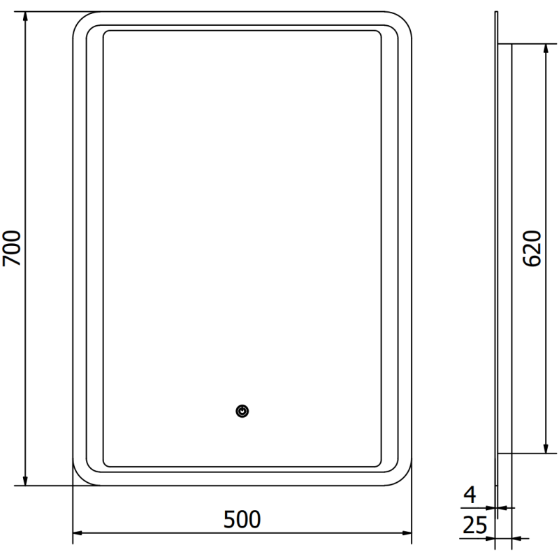 Speil med lys teknisk tegning av rektangulært Mexen Zusa 50x70 cm med mål og markert avløpsåpning.