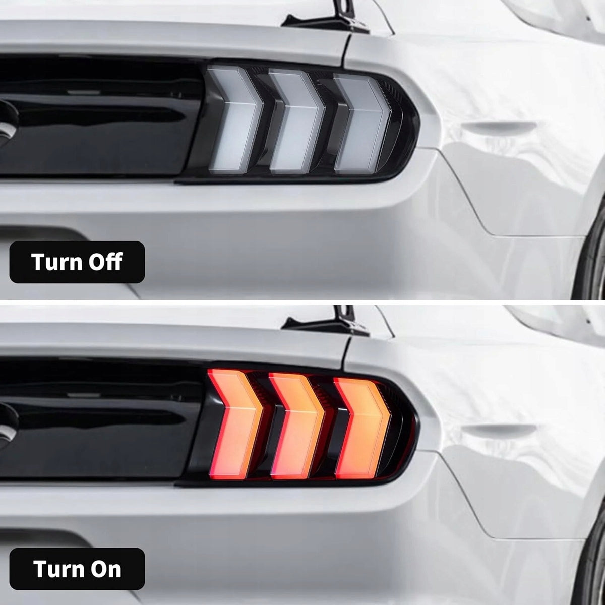 Mustang-baklykt av og på: tre hvite striper i turn off-modus.