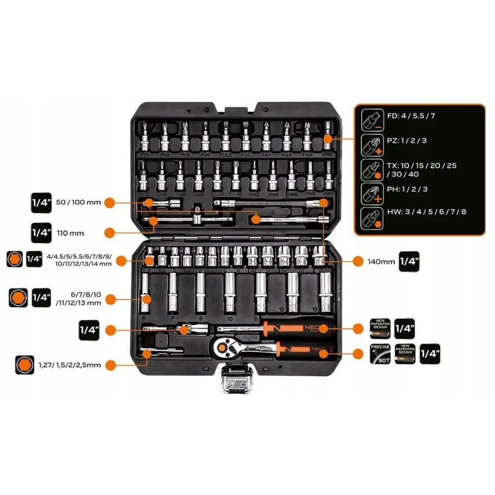 Neo Pipenøkkelsett 1/4’ Sett i Koffert 53 Deler - 10