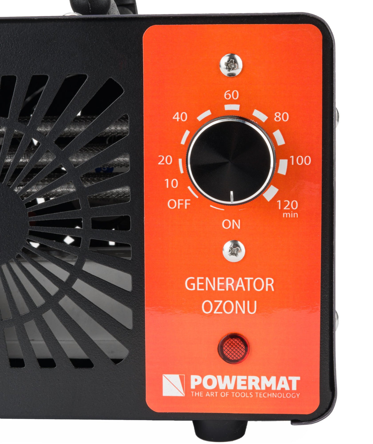 Powermat ozongenerator forfra med oransje kontrollpanel og timerhjul merket 10–120 min
