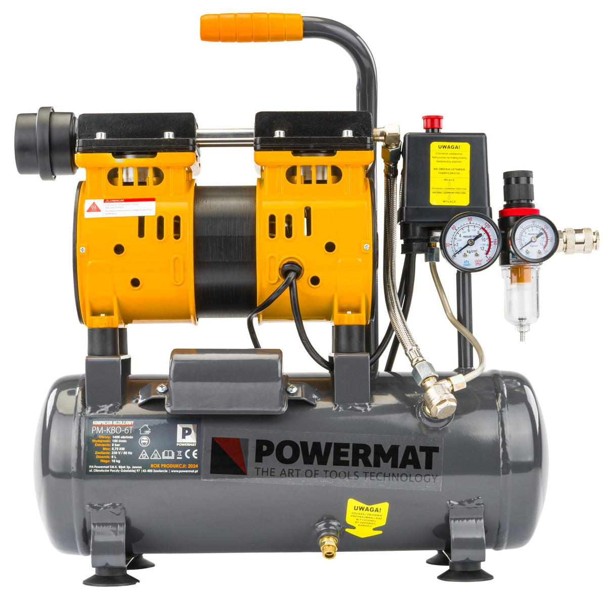 Powermat oljefri kompressor sett forfra med gra tank, to gule pumper, manometre og regulatoruttak
