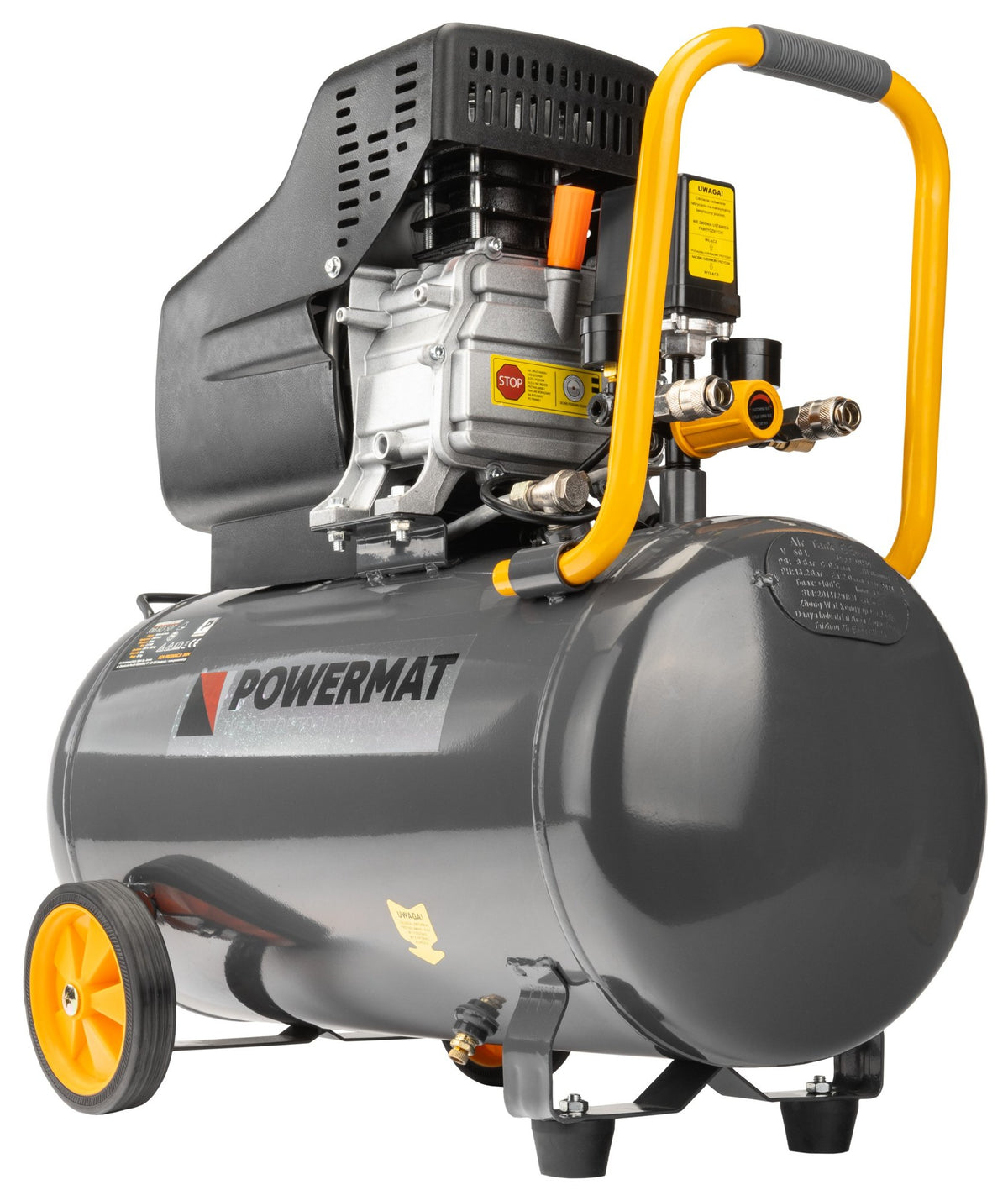 Powermat oljesmurt kompressor sett fra siden med liggende tank, hjul, gult håndtak og manometer