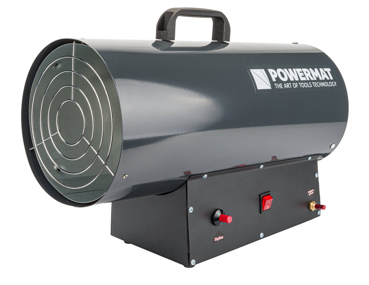 Powermat gassvarmer sett fra siden med frontgrill, håndtak, kontrollbryter, bryter og gassinntak