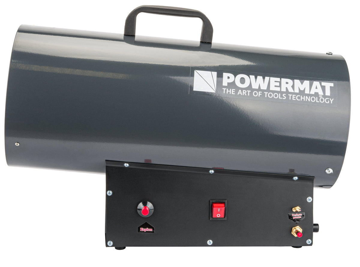 Powermat gassvarmer i grått sett fra siden med håndtak, kontrollpanel med brytere og gasstilkobling