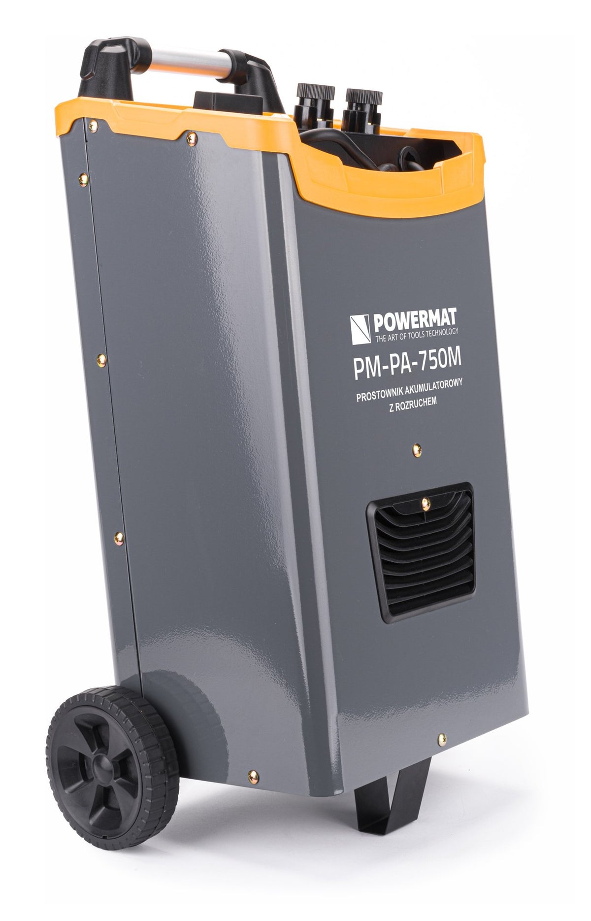Batterilader Powermat PM-PA-750M i gratt sett skratt med handtak og oransje topp