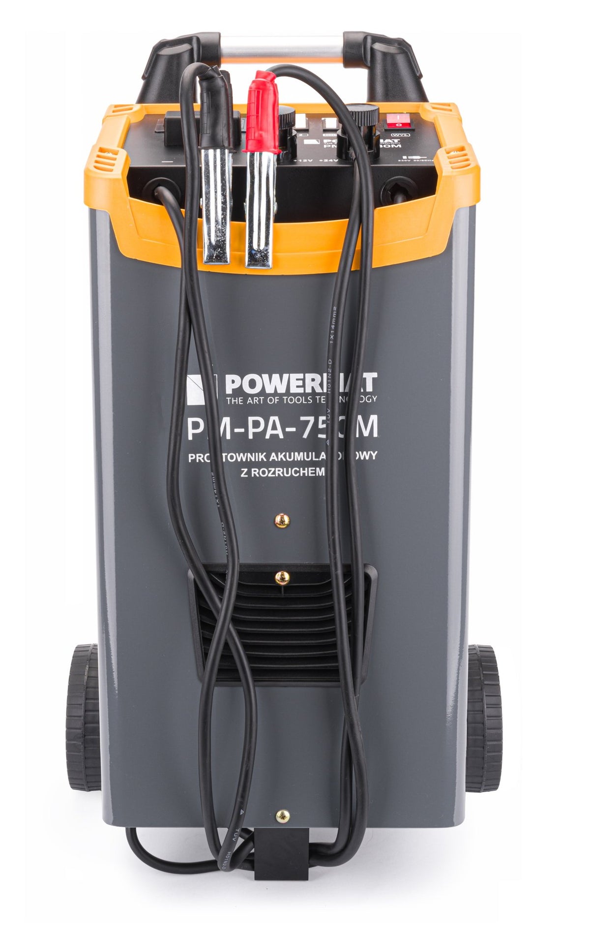 Batterilader Powermat PM-PA-750M sett forfra med rode og svarte klemmer og kabler