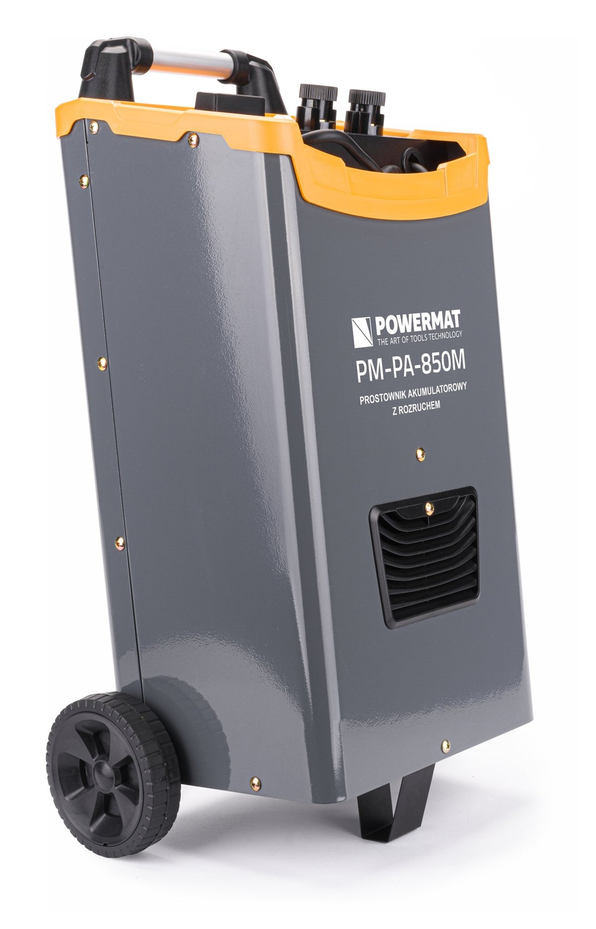 Batterilader Powermat PM-PA-850M grå på hjul, vinklet visning med oransje topp og bærehåndtak