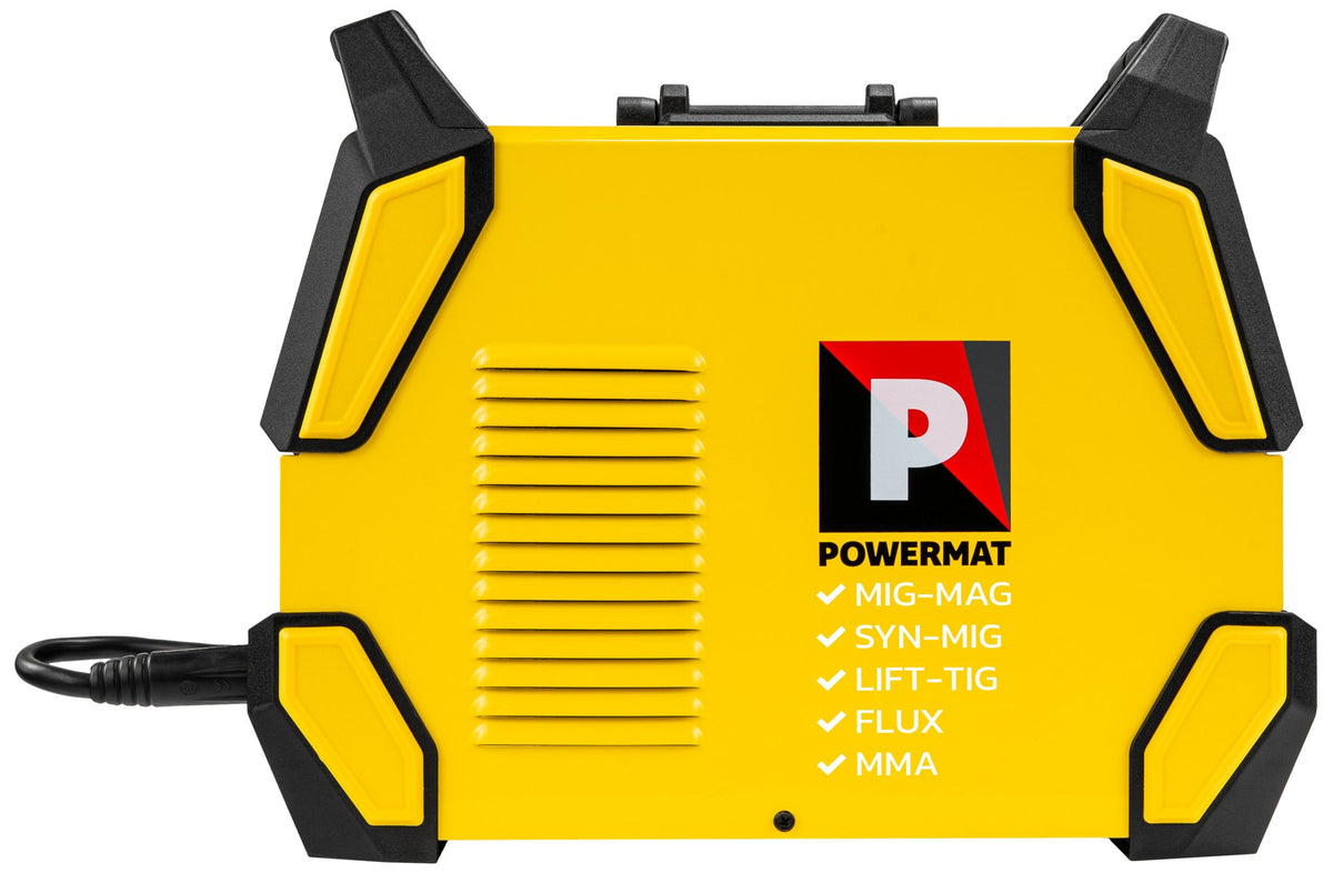 Sveiseapparat Powermat PM-PAS-215L i gult, sett fra siden med ventiler, bærehåndtak og oversikt over sveisemetoder