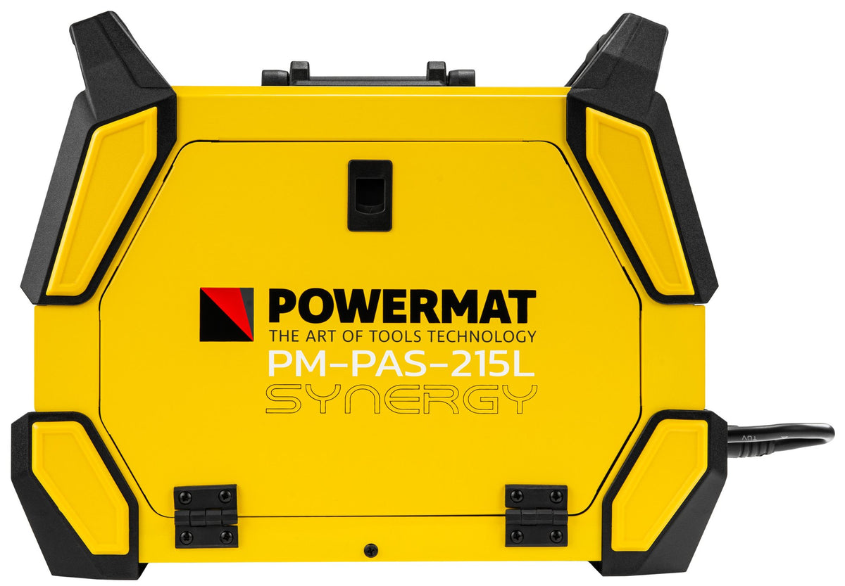 Sveiseapparat Powermat PM-PAS-215L sett forfra med sidepanel, bærehåndtak og strømkabel